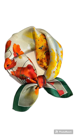 Foulard fiori , margherite e papaveri ( floral square scarf with daisies and poppies )