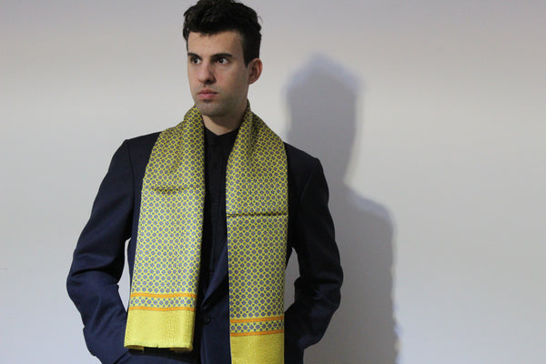 Sciarpa elegante 👔💛🔵🏛️📐seta/lana da uomo gialla e azzurra