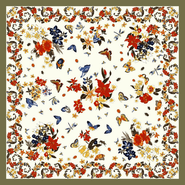 foulard con fiori🌺, api🐝, libellule , coccinelle🐞 , farfalle🦋🦗 (with flowers, bees, dragonflies, ladybugs, butterflies)